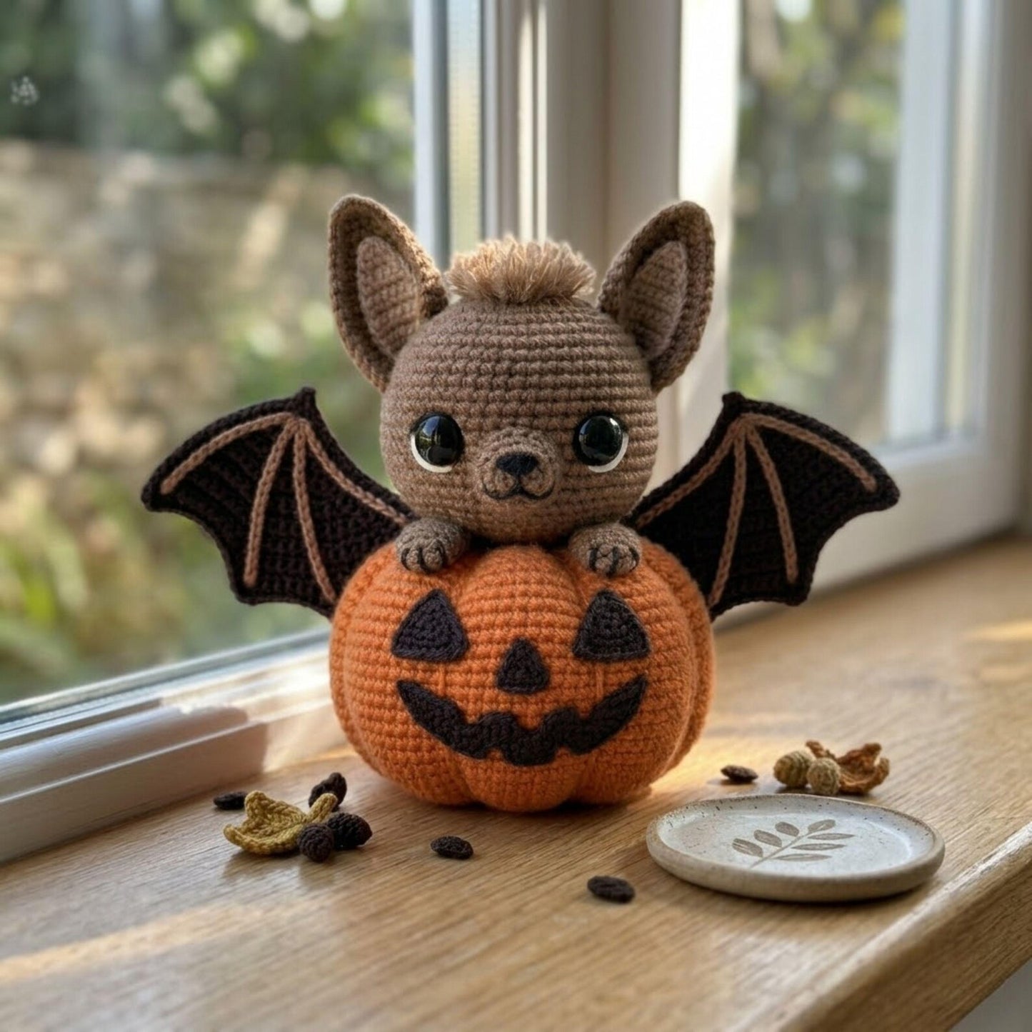 Crochet Bat Plush on Pumpkin Handmade Amigurumi Halloween Doll