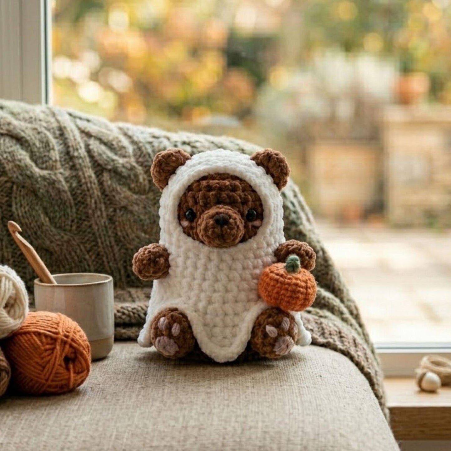 Ghost Bear Crochet Plush With Pumpkin