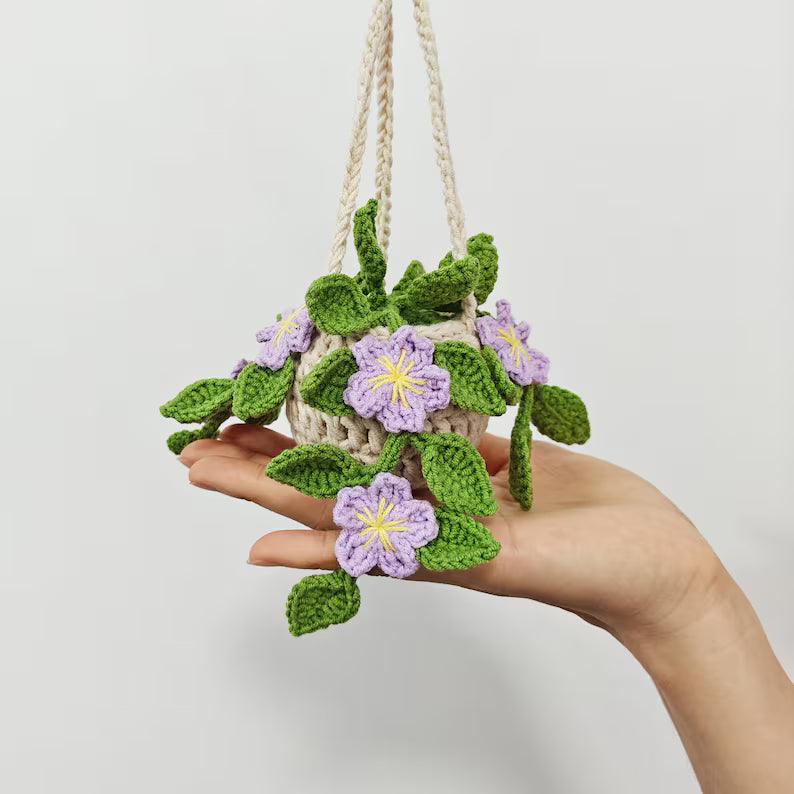Crochet Purple Cherry Blossom Basket Car Hanger