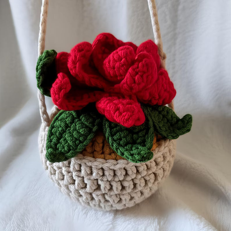 Crochet Poinsettia Car Hanging Plant Basket, Christmas Decor