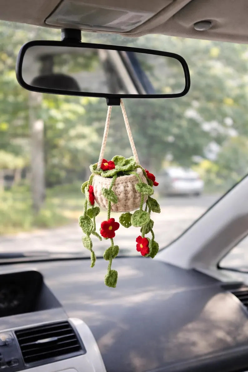 Crochet Red Forget-Me-Not Car Hanger