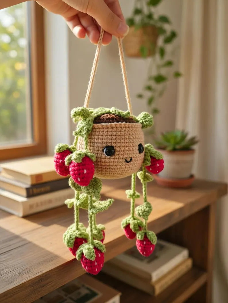 Crochet Pink Strawberry Car Charm