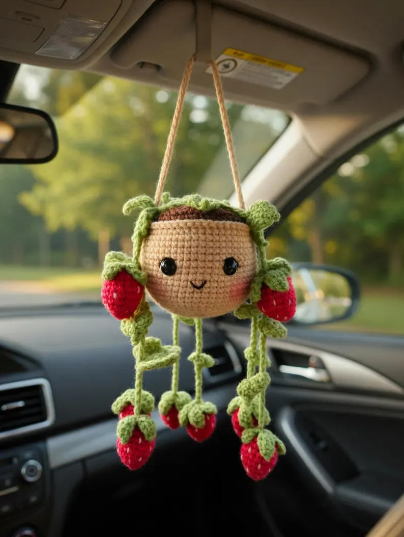 Crochet Red Strawberry Car Charm