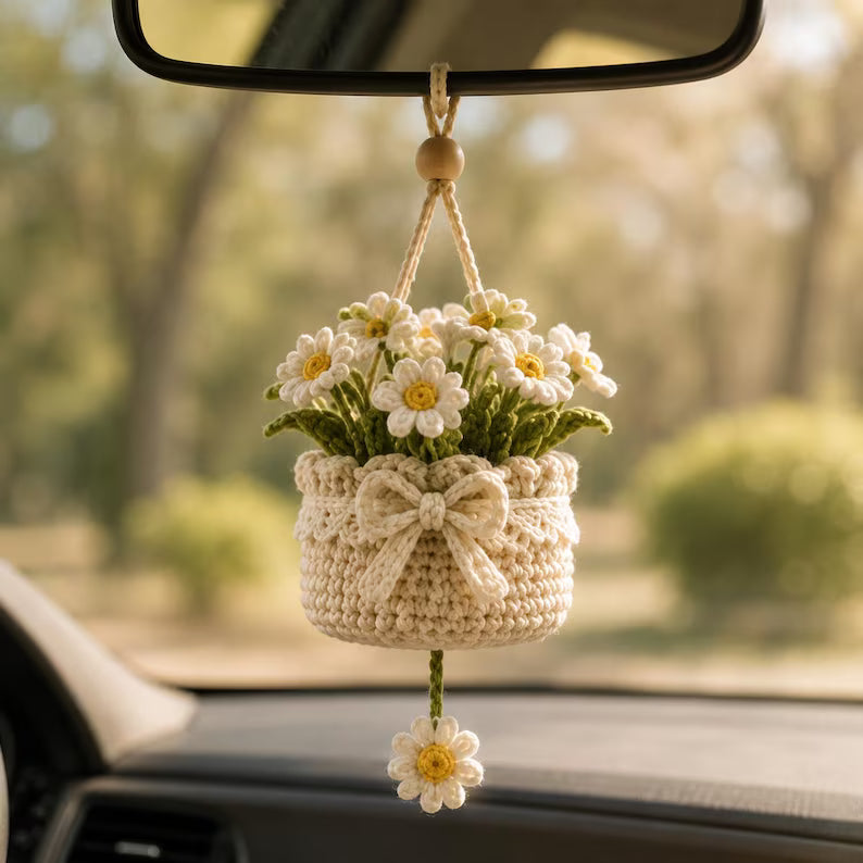 Crochet Daisy Basket Hanging Car Charm