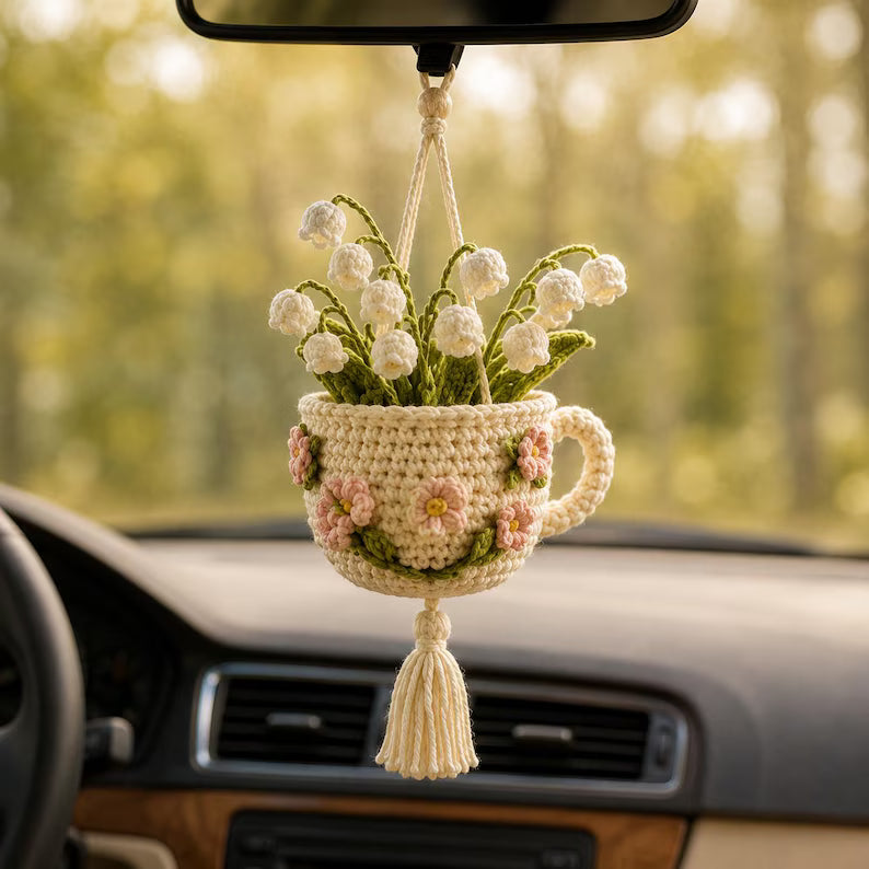Crochet Teacup Basket Hanging Car Charm