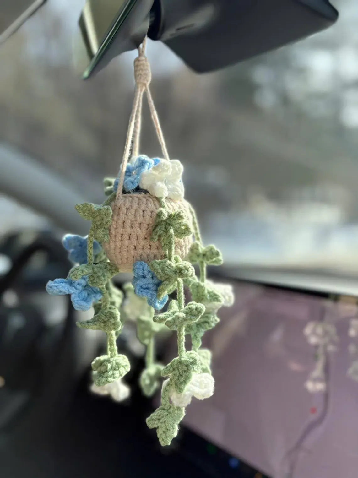 Crochet Blue Hanging Plant Car Charm