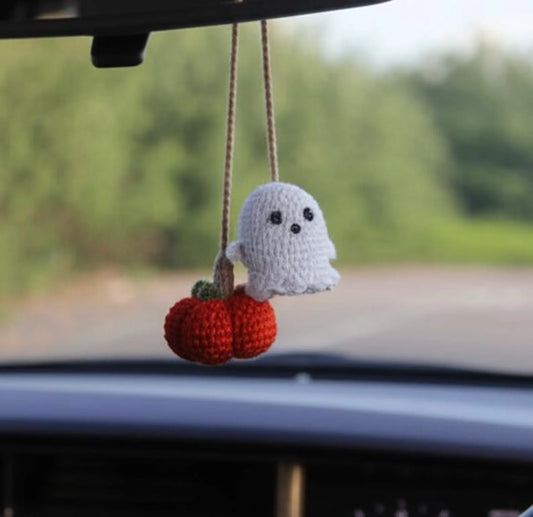 Crochet Ghost and Pumpkin Car Hanging