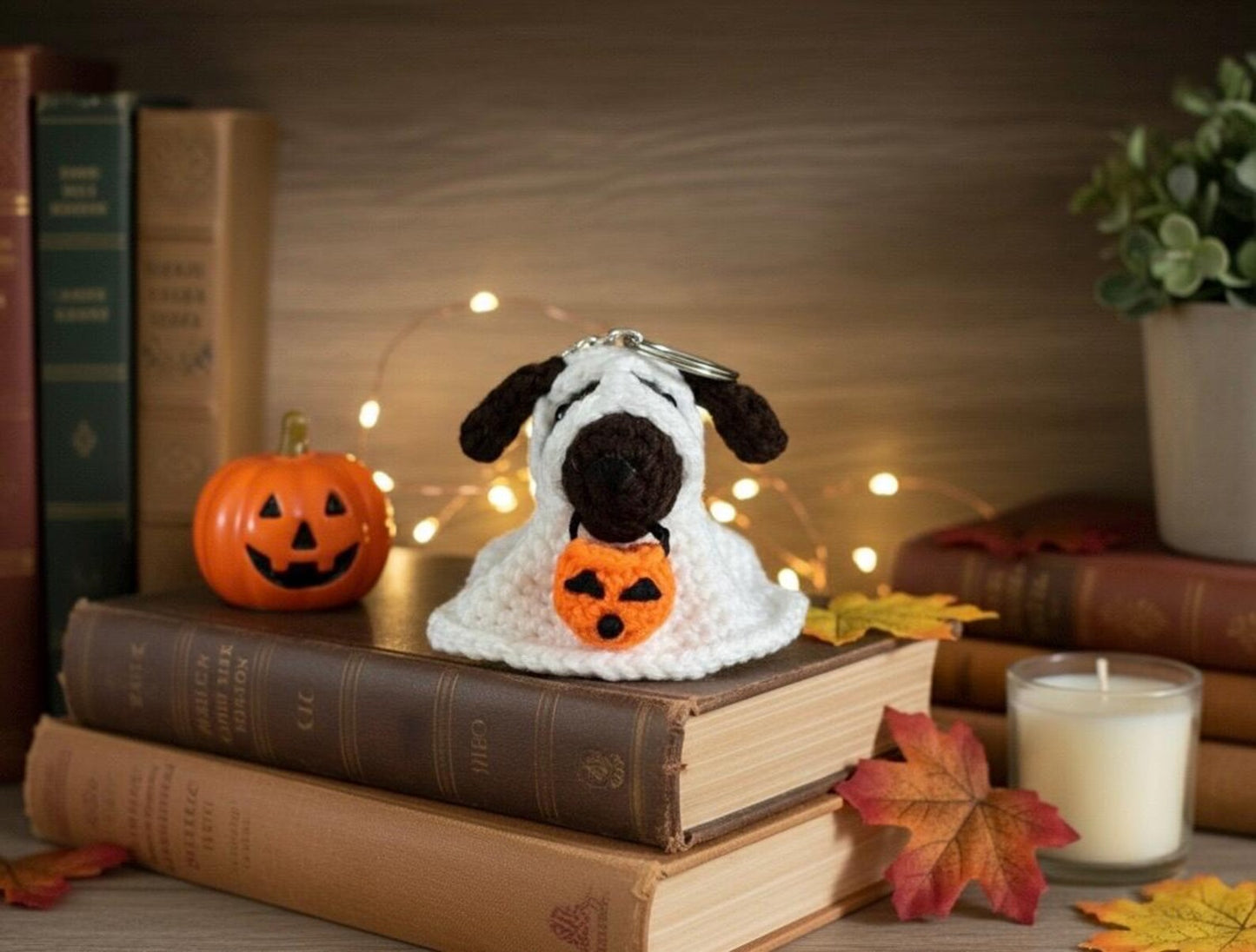 Crochet Ghost Dog with Pumpkin Basket
