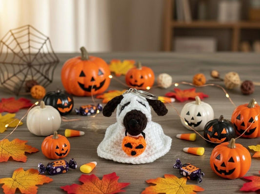 Crochet Ghost Dog with Pumpkin Basket