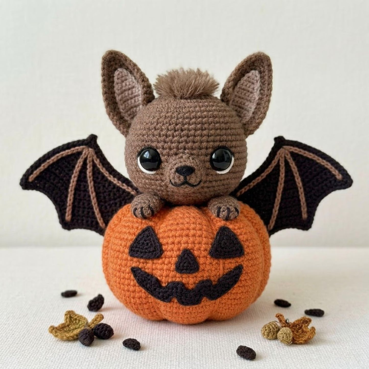 Crochet Bat Plush on Pumpkin Handmade Amigurumi Halloween Doll