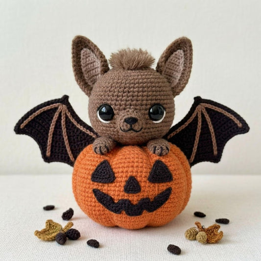 Crochet Bat Plush on Pumpkin Handmade Amigurumi Halloween Doll