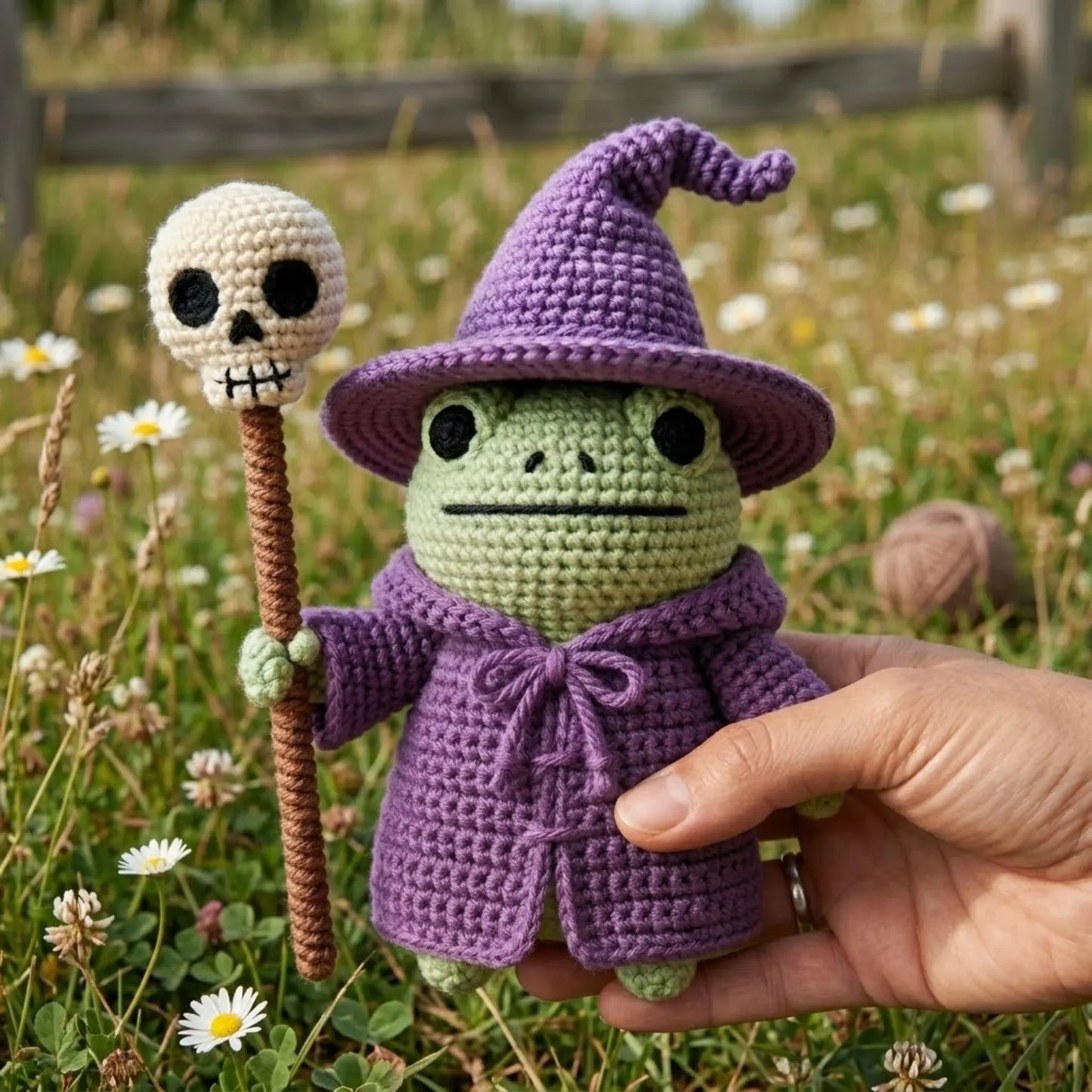 Cute Crochet Wizard Frog Plush with Skull Staff,
