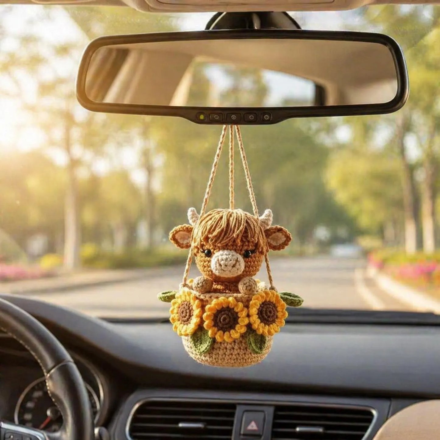 Crochet Highland Cow Sunflower Car Hanger