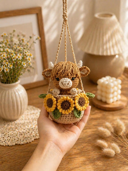 Crochet Highland Cow Sunflower Car Hanger