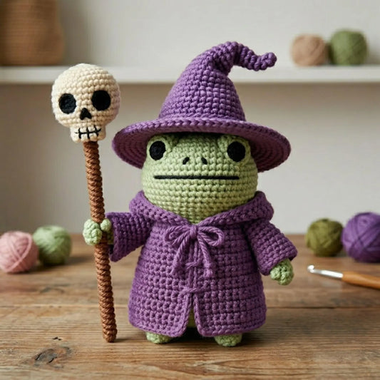 Cute Crochet Wizard Frog Plush with Skull Staff,