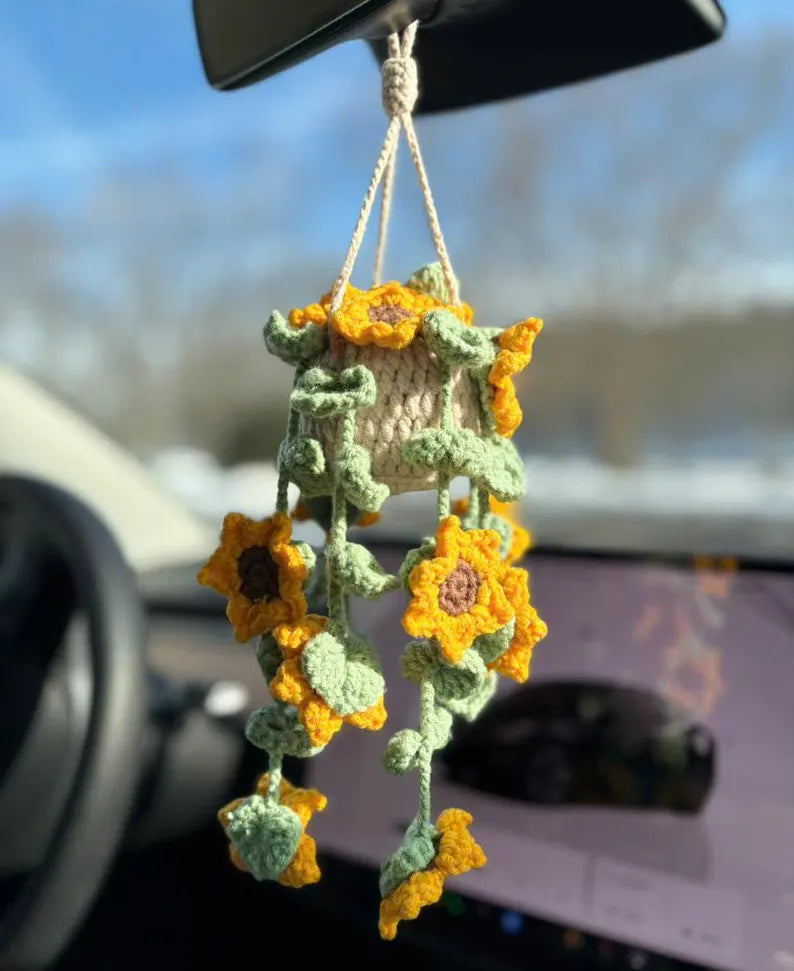 Crochet Sunflower Pot Car Charm