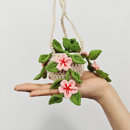 Crochet Pink Cherry Blossom Basket Car Hanger