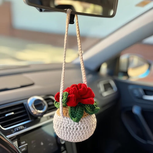 Crochet Poinsettia Car Hanging Plant Basket, Christmas Decor