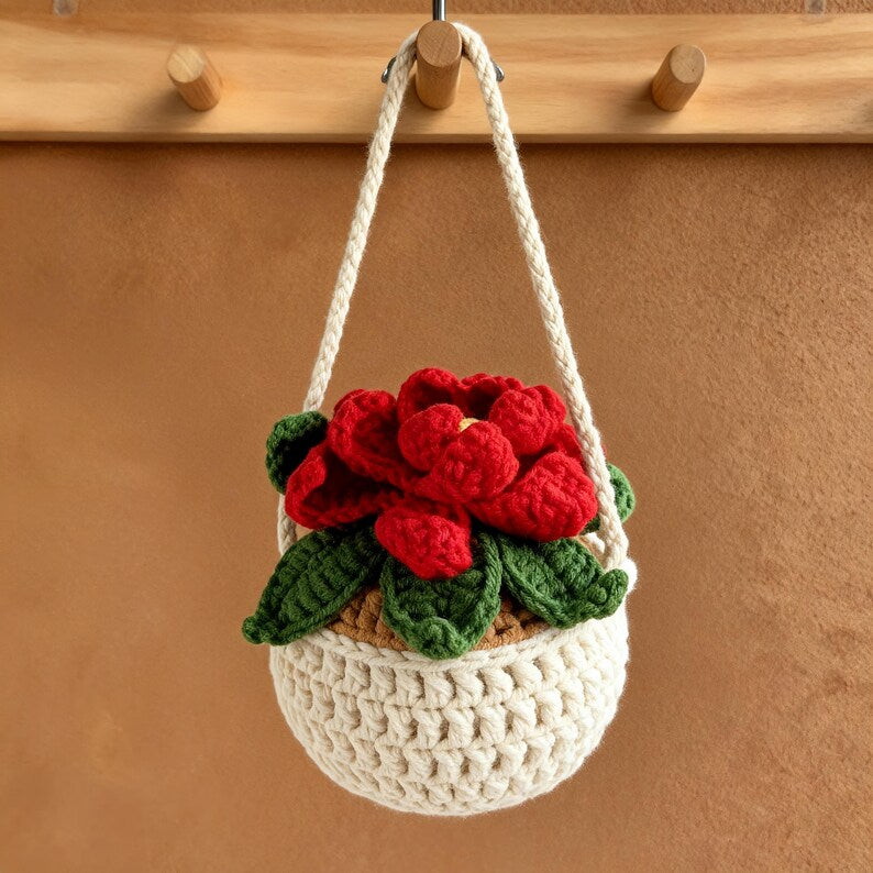 Crochet Poinsettia Car Hanging Plant Basket, Christmas Decor