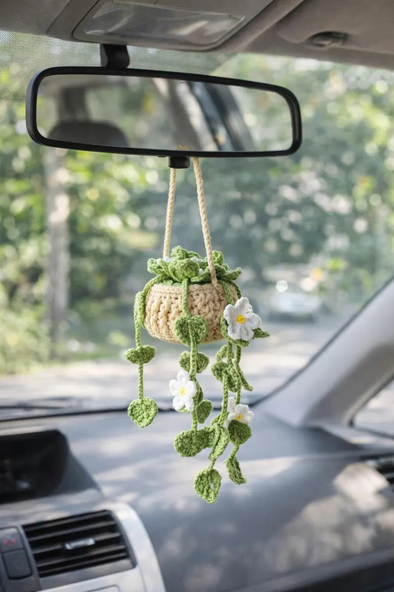 Crochet White Forget-Me-Not Car Hanger