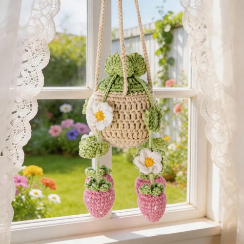 Crochet Pink Strawberry Hanging Car Charm