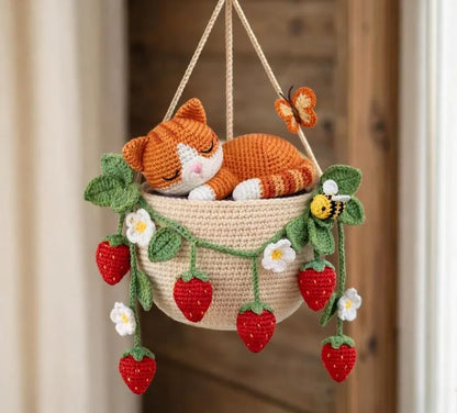 Crochet Sleeping Orange Tabby Cat Planter Hanger