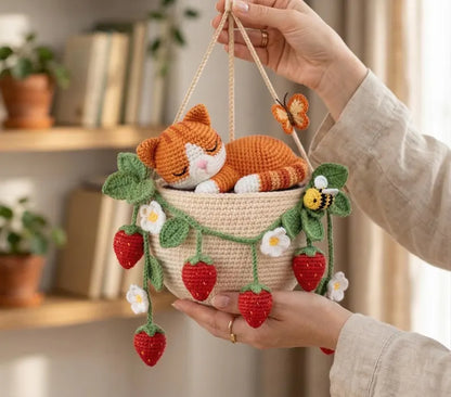 Crochet Sleeping Orange Tabby Cat Planter Hanger