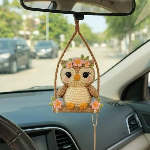 Crochet Floral Owl Car Hanger