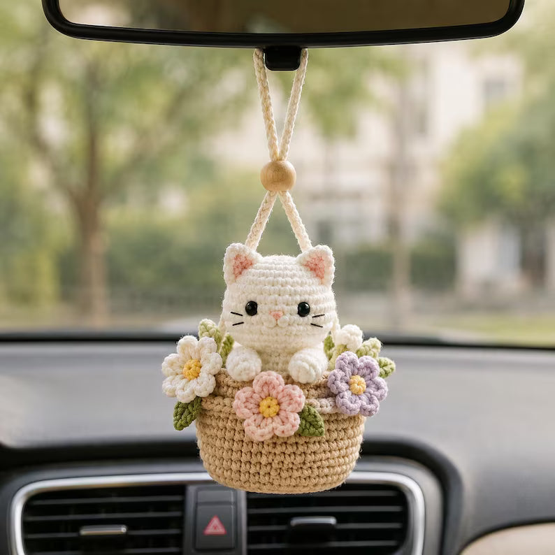 Crochet Cat Flower Basket Car Hanger