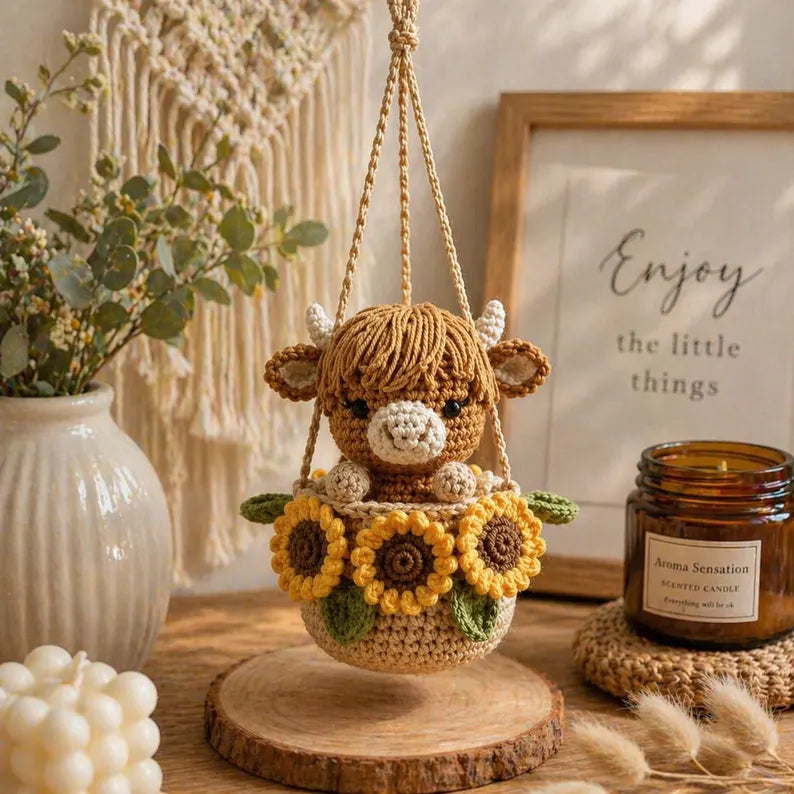Crochet Highland Cow Sunflower Car Hanger