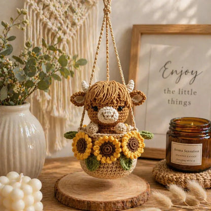 Crochet Highland Cow Sunflower Car Hanger