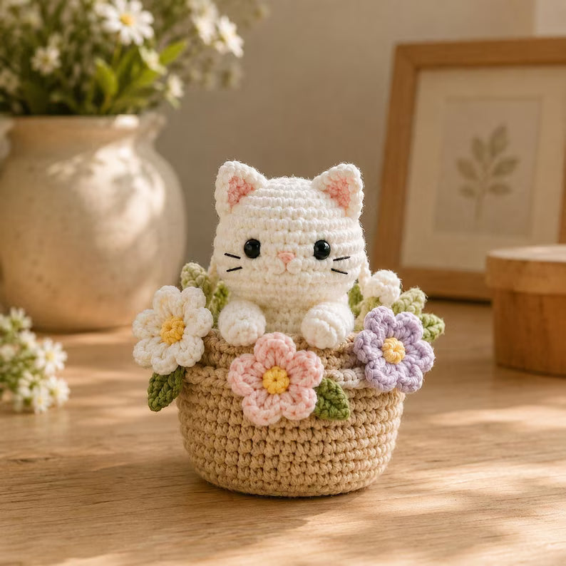 Crochet Cat Flower Basket Car Hanger