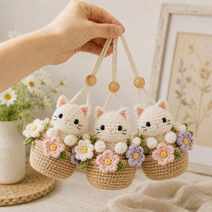 Crochet Cat Flower Basket Car Hanger