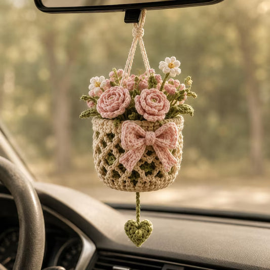 Crochet Rose Basket Hanging Car Charm