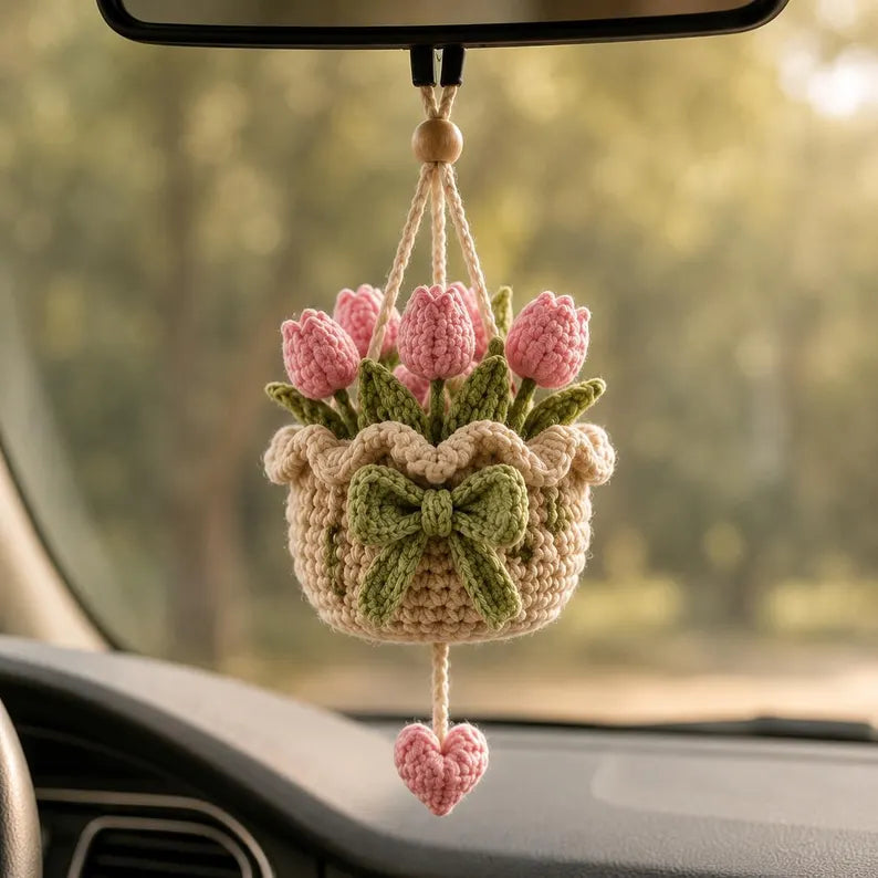 Crochet Tulip Basket Hanging Car Charm